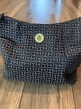 Tommy Hilfiger Navy TH Monogram Jacquard Shoulder Tote Bag Gold Logo